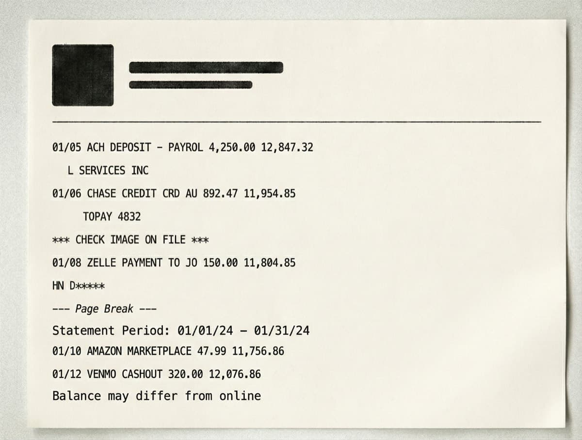 Messy bank statement PDF before conversion