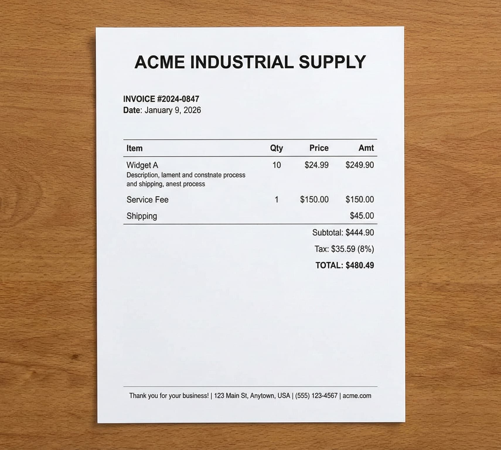 Sample invoice PDF before conversion